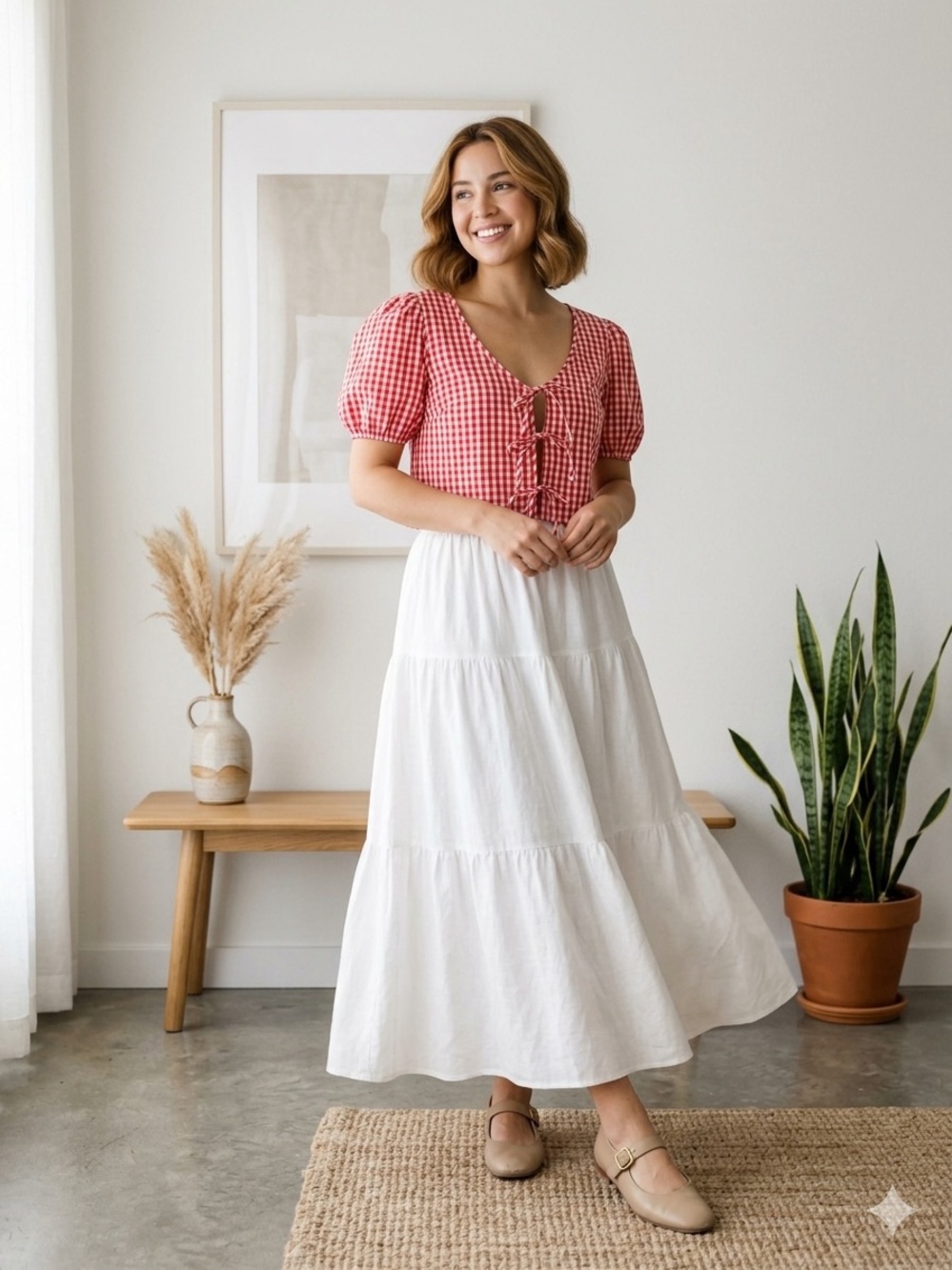 Red Gingham Crop Top with Tie front Detail